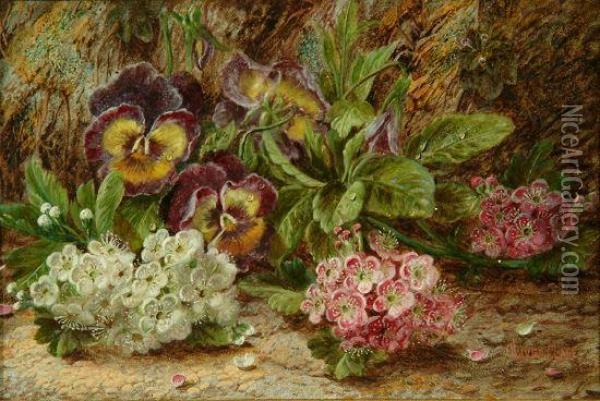 Still Life - Primroses And Pansies On An Earthy Bank Oil Painting - Oliver Clare