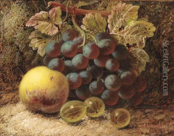Grapes, Gooseberries, And An Apple, On A Mossy Bank Oil Painting - Oliver Clare