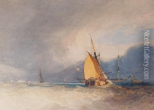 Boats Off The Coast In Choppy Seas Oil Painting - John Sell Cotman