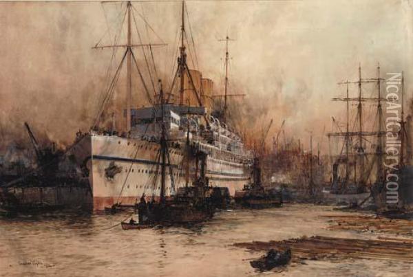 The P. & O. Liner Medina At The Quayside In Her Royal Yacht Livery Oil Painting - Charles Edward Dixon