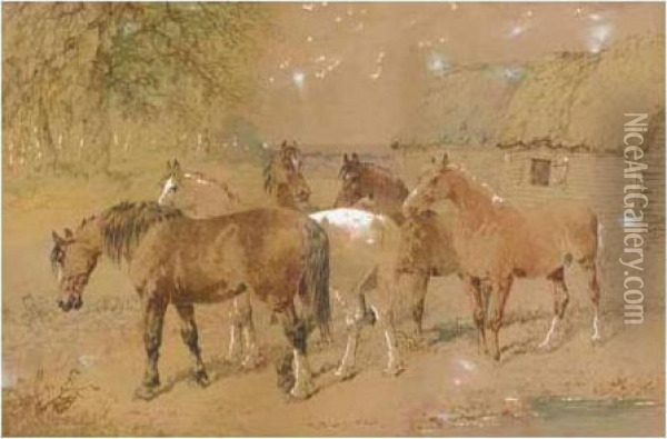 Horses Grazing Oil Painting - John Frederick Herring Snr