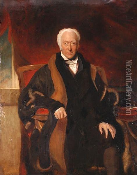 Richard Clark, Seated 
Three-quarter Length, Wearing A Fur Trimmed Black Robe, Before A Scarlet
 Curtain Oil Painting - Sir Thomas Lawrence