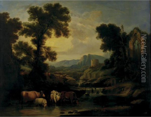 Landscape With Watering Cows And The Ruins Of A Castle In A Distance Oil Painting - Claude Lorrain (Gellee)