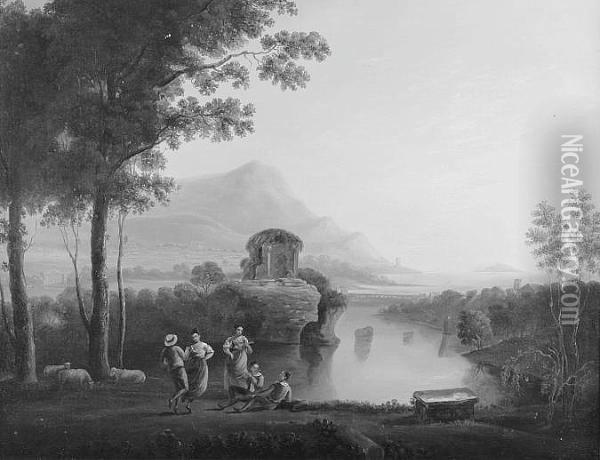 'fete Champetre' With Mountains And Sea Beyond Oil Painting - Claude Lorrain (Gellee)