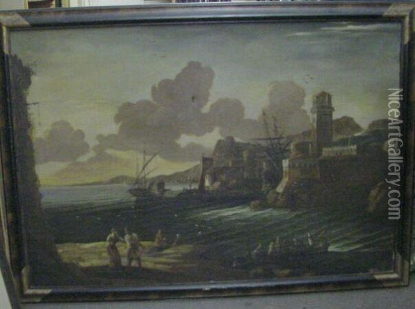 Figures In A Busy Harbor Oil Painting - Claude Lorrain (Gellee)