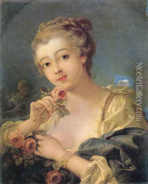 Young Woman With A Bouquet Of Roses Oil Painting - Francois Boucher