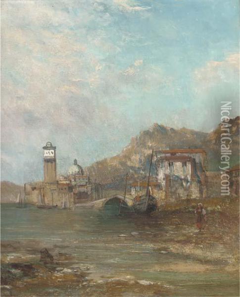 Figure And Boats At A Harbour Mouth With A Church Beyond Oil Painting - Alfred Pollentine