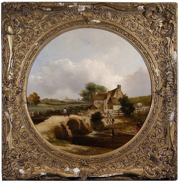Shepherd And His Dog Crossing A Bridge Oil Painting - Thomas Smythe
