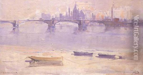 Chelsea (on The Thames) Oil Painting - Arthur Ernest Streeton