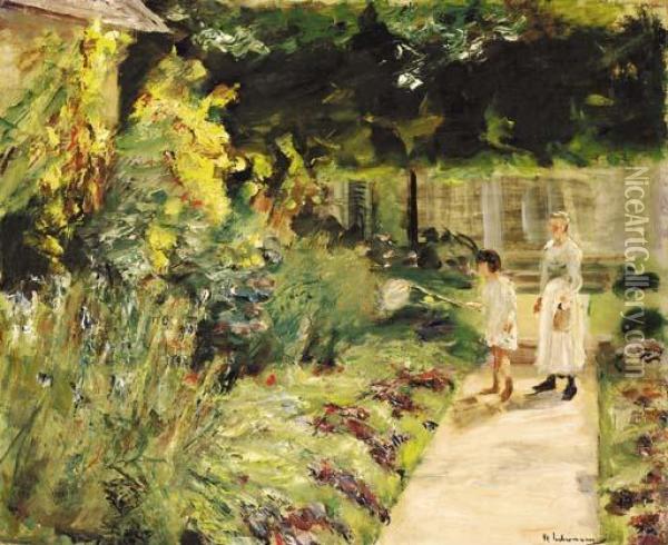 Die Enkelin Des Kunstlers Mit 
Ihrem Kindermadchen Im Nutzgarten Des Landhauses In Wannsee Oil Painting - Max Liebermann