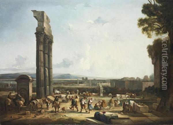 An Extensive Capriccio Landscape
 With Peasants Desporting Themselves By The Baths Of Caracalla, A View 
Of Rome Beyond Oil Painting - Thomas Barker of Bath