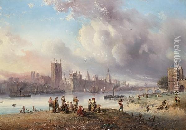 A View Of Westminster Palace From Lambeth; A View Of The City Of London From Bank Oil Painting - Carlo Bossoli