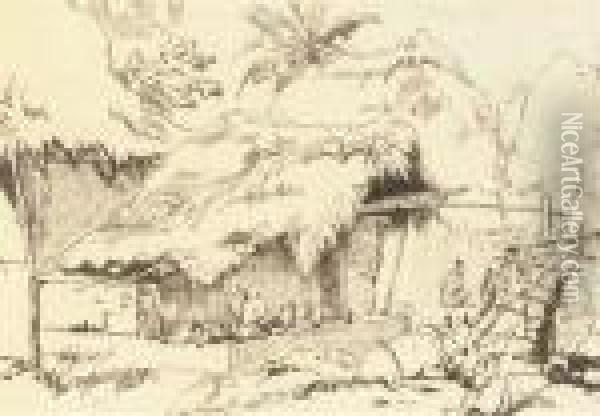 Indian Figures And Cattle Outside A Hut Oil Painting - George Chinnery