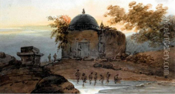 An Indian Temple Oil Painting - George Chinnery