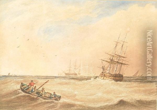 Sailing Boats On A Choppy Sea Oil Painting - Anthony Vandyke Copley Fielding