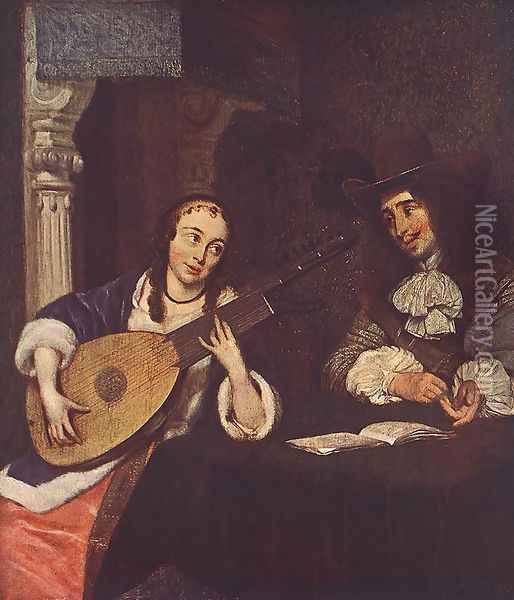 Woman Playing the Lute Oil Painting - Gerard Terborch