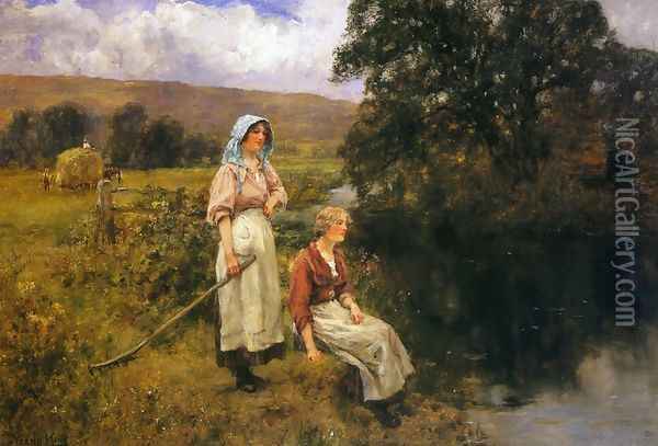 Farm Girls by a Stream Oil Painting - Henry John Yeend King