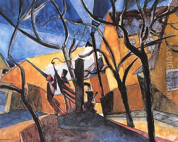 Erzsebet Square at Night 1922 Oil Painting - Sidney Harold Meteyard