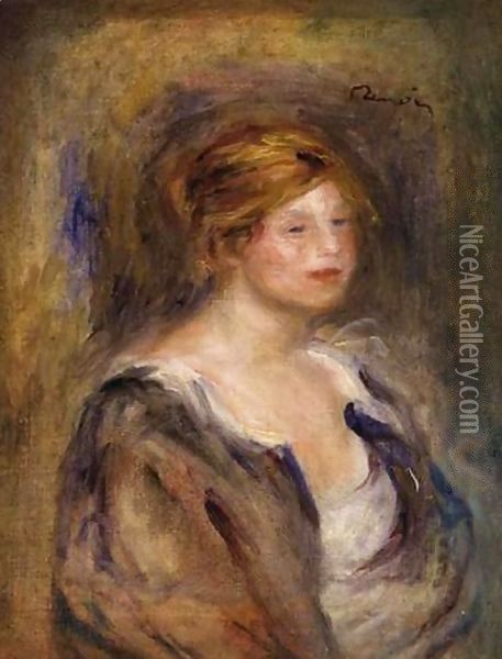 Jeune Fille En Bleu (Tete De Femme Blonde) Oil Painting - Pierre Auguste Renoir