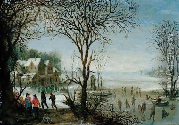 Winter Landscape With Sportsmen And Skaters Near A Village Oil Painting - Denys Van Alsloot