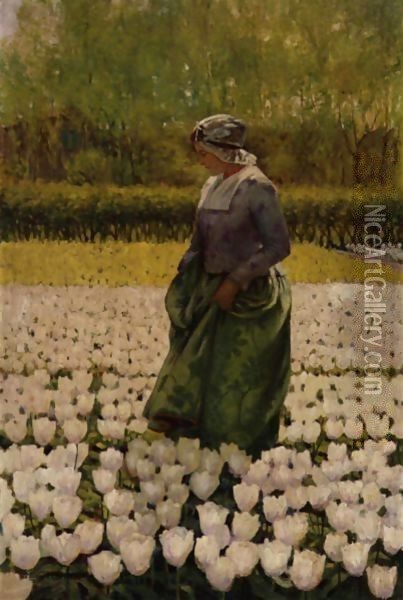 Dutch Girl In Field Of Tulips Oil Painting - George Hitchcock