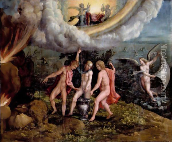 Jupiter, Neptune And Pluto Drawing Lots For Their Kingdoms Oil Painting - Giulio Romano (Orbetto)