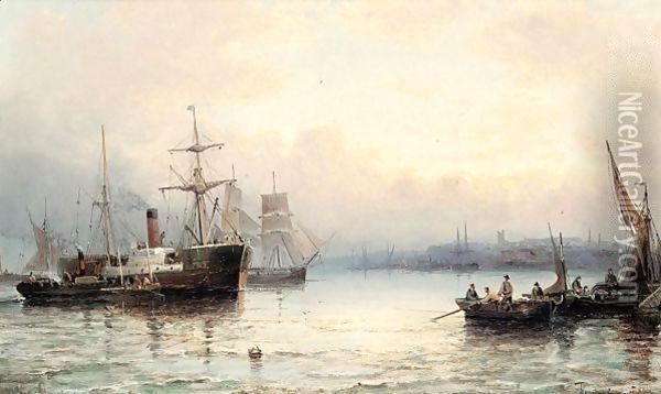 Harbour scene with steamboat Oil Painting - Hubert Thornley
