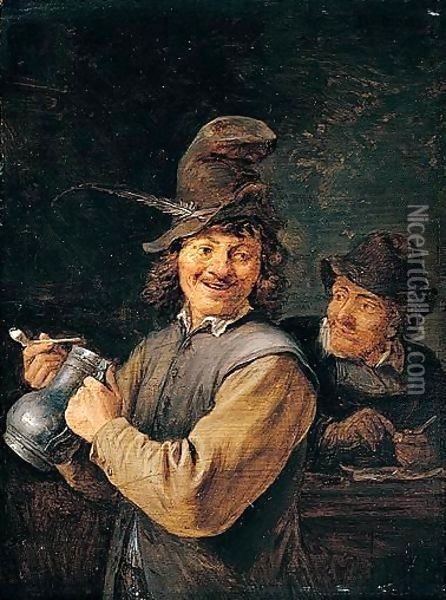 A Peasant holding a large stoneware flagon Oil Painting - David The Younger Teniers