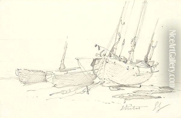 Fishing boats on the beach at etretat Oil Painting - Eugene Isabey