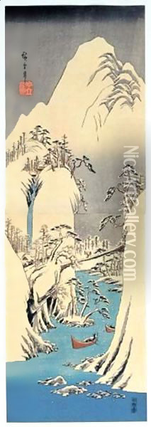 Setchu Fujikawa. En Amont Du Fleuve Fuji Enneige Oil Painting - Utagawa or Ando Hiroshige