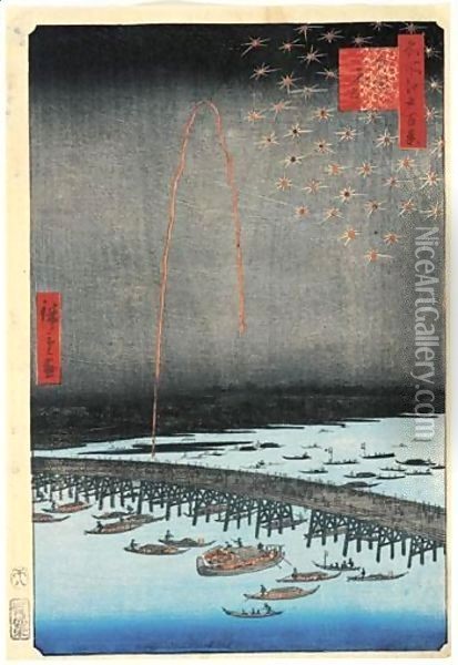 Ryogoku No Hanabi. Feu D'Artifice A Ryogoku Oil Painting - Utagawa or Ando Hiroshige