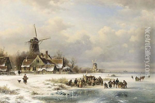Skaters On A Frozen River Near A 'Koek En Zopie' Oil Painting - Lodewijk Johannes Kleijn