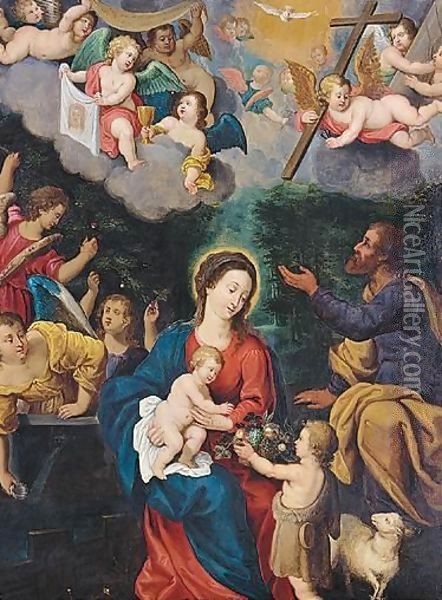 The Holy Family With The Infant Saint John The Baptist In A Landscape, Above Angels Carrying The Symbols Of The Passion, The Cup Of The Eucharist And The Veil Of Saint Veronica Oil Painting - Pieter Van Avont