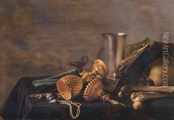 Still Life Of A Dutch Silver Beaker, A Roemer, Shells, An Overturned Gilt Cup With Its Cover Nearby, A Gilt Chain, An Open Book And A Skull All Resting On A Draped Table Oil Painting - Pieter Claesz.