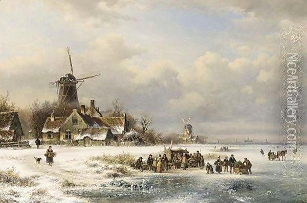Skaters On A Frozen River Near A A'Koek En Zopie A' Oil Painting - Lodewijk Johannes Kleijn