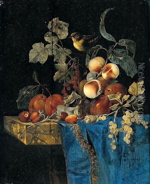 Still Life Of Apricots, Plums, Red And White Currants And Strawberries Arranged On A Marble Ledge Draped With A Blue Cloth And A Bird Oil Painting - Willem Van Aelst