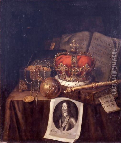 A Vanitas Still Life Of A Crown, An Orb, A Sceptre, A Casket Of Coins And Jewels, Together With Books And An Engraving Of Charles I Of England, All Arranged On A Draped Table Oil Painting - Edwart Collier