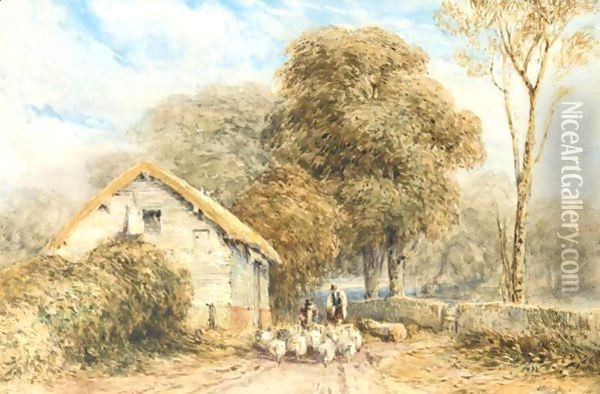A Shepherd And Sheep By A Barn On A Country Road Oil Painting - David Cox