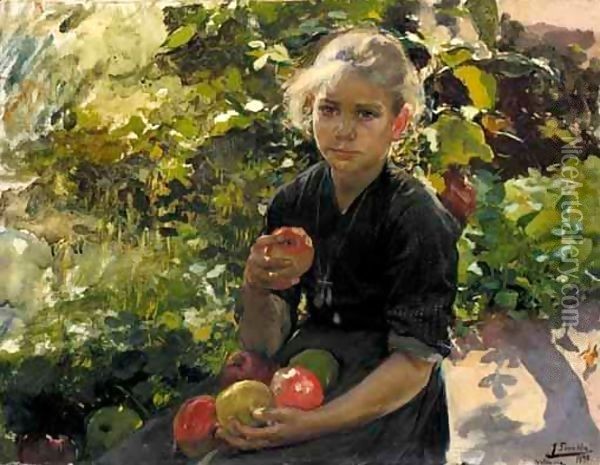 Nina Comiendo Manzanas (Young Girl Eating Apples) Oil Painting - Joaquin Sorolla Y Bastida