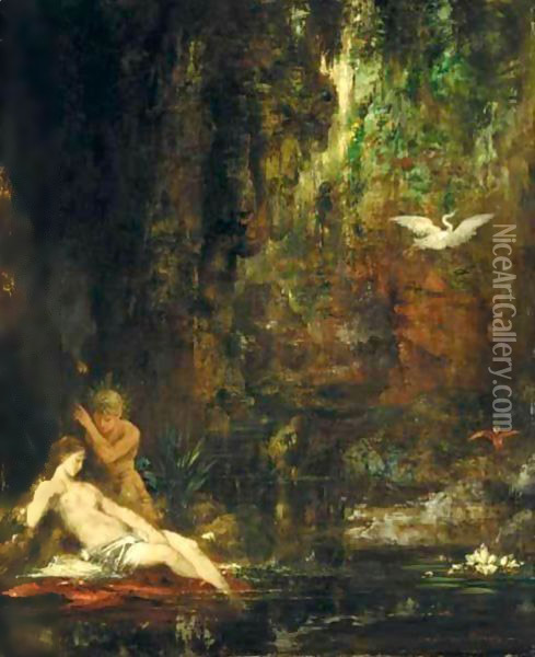 La Source Surprise Par Un Satyre Oil Painting - Gustave Moreau