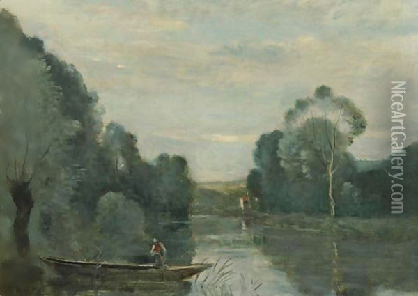 Grez-Sur-Loing, Pecheur En Barque, Le Matin Oil Painting - Jean-Baptiste-Camille Corot