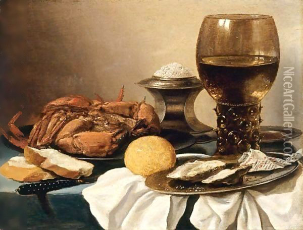 Still Life Of A Crab On A Pewter Plate, A Salt-Cellar, A Roemer, A Knife, A Lemon And Two Oysters On A Pewter Plate, All Resting On A Draped Table Oil Painting - Pieter Claesz.