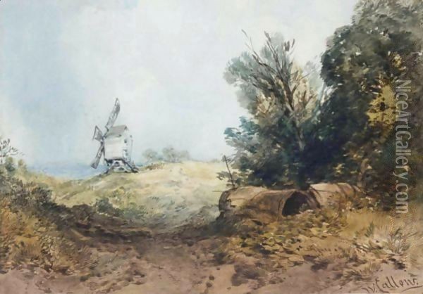 Windmill In A Hilly Landscape Oil Painting - William Callow