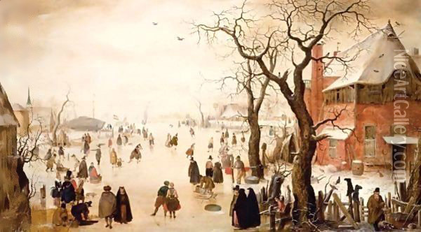 A Winter Scene With Many Figures Skating On A Frozen River Oil Painting - Hendrick Avercamp