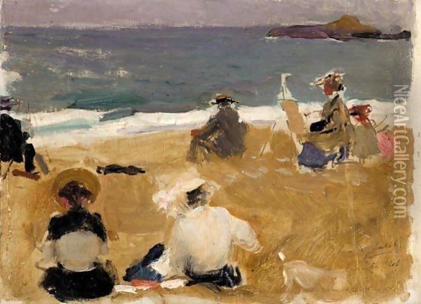 Pintando En La Playa De Biarritz (Painting On Biarritz Beach) Oil Painting - Joaquin Sorolla Y Bastida