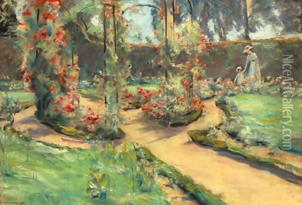 Der Rosengarten In Wannsee Mit Der Tochter Und Der Enkelin Des Kunstlers (The Rose Garden In Wannsee With The Artist's Daughter And Grand-Daughter) Oil Painting - Max Liebermann