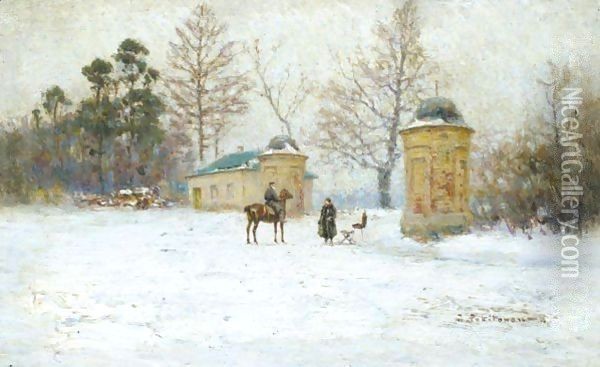 The Artist With Leo Tolstoy At The Entrance To Yasnaya Polyana Oil Painting - Ivan Pavlovich Pokhitonov
