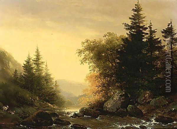 A Mountainous Landscape Oil Painting - Hendrikus van den Sande Bakhuyzen