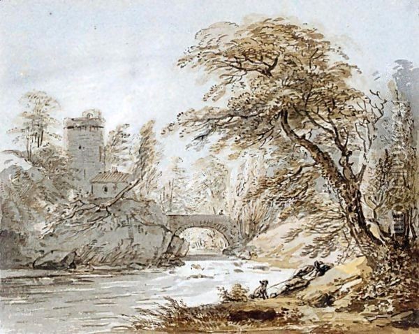 A Traveller And His Dog By A River, A Bridge And Tower Beyond Oil Painting - Paul Sandby