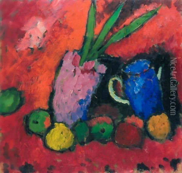 Stilleben Mit Hyazinthe, Blauem Krug Und Apfeln (Still-Life With Hyacinth, Blue Jug And Apples) Oil Painting - Alexei Jawlensky